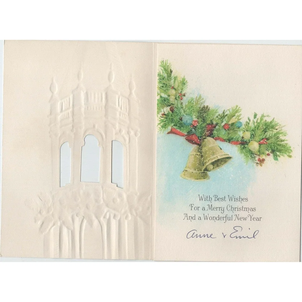 Vintage Hallmark Christmas Card Bell Tower Die Cut Embossed Signed